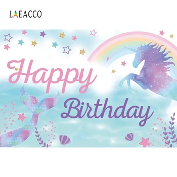 

Laeacco Rainbow Stars Clouds Unicorn Mermaid Leaves Photography Backdrops Birthday Photo Backgrounds Newborn Baby Photophone