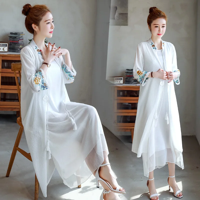 

2019 Summer Cotton Linen Dress Chinese-style Large Size Slimming Embroidery Ethnic-Style WOMEN'S Dress Elegant Long Skirts