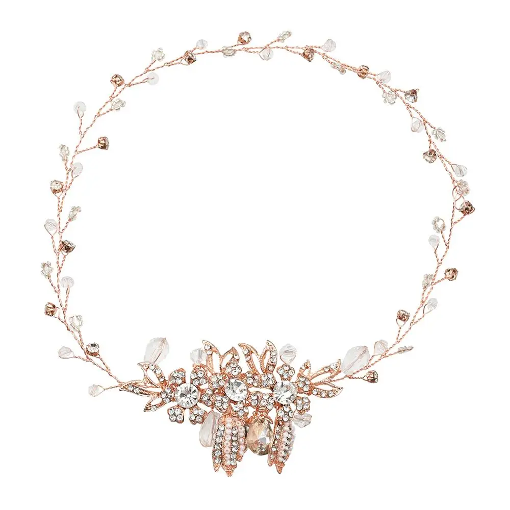Rose Gold Романтическая розовая Золотая повязка для волос с жемчугом ручной работы, свадебные повязки на голову, украшения для женщин - Окраска металла: Rose Gold