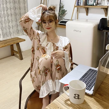 

Autumn new early autumn chic casual loose and lovely bear print versatile long sleeve pajamas set home wear women
