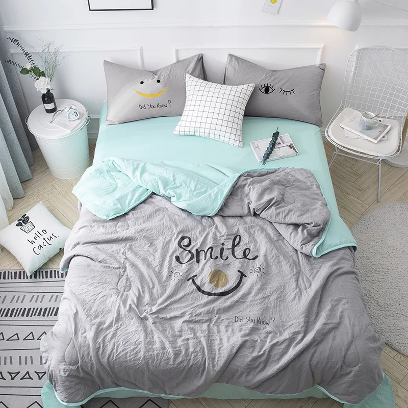 

Smile Series Fashion Solid Color Two Sorts Washing Sheet Summer Quilt Four-piece Set Quilted Summer Cool Blanket Airable Cover K