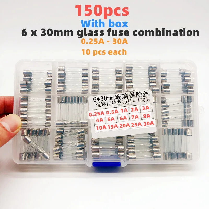 

6*30mm150pcs glass fuse box with current protection accessories 0.25 0.5 1 2 3 4 5 6 7 8 10 15 20 25 30A fuse industrial/home