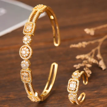 

GODKI Luxury Stackable Bangle Ring Set For Women Full Micro Baguette Cubic Zircon Party Wedding Saudi Arabic Dubai Jewelry Sets