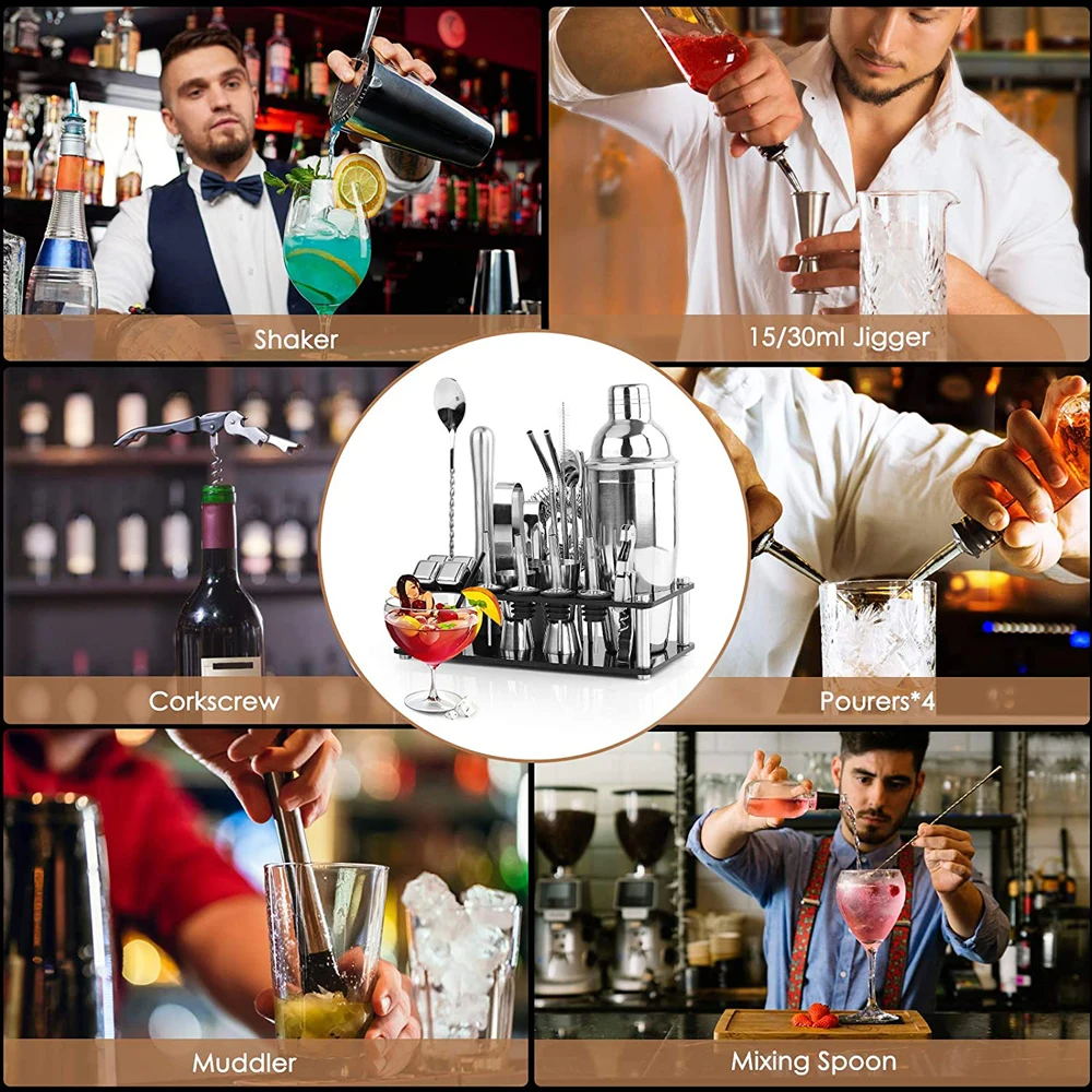 Bartender Kit Boston Cocktail Shaker Set With Acrylic Stand Stainless Steel Ice Cube For Mixed Drinks Martini Bar Tools Set