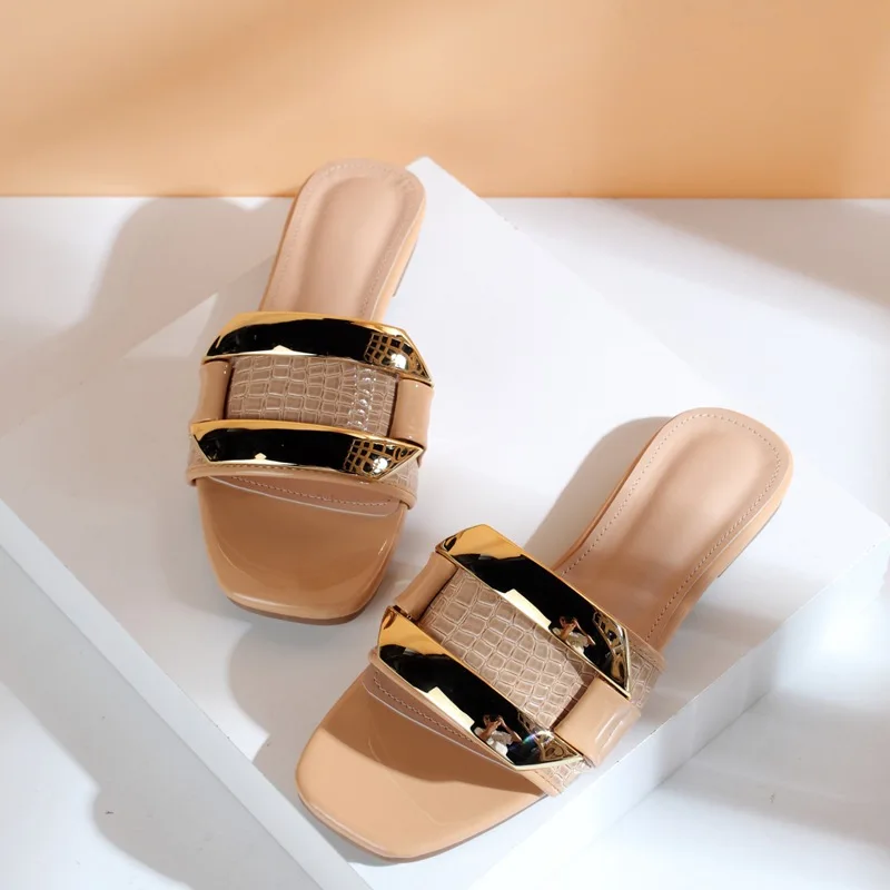2021 Fashion PU Metal Decoratio Summer Women Shoes NEW Flat With Outside Head Peep Square Toe Slippers Casual Size 36-42
