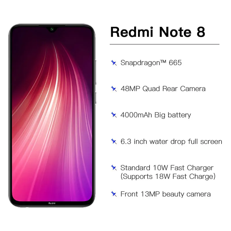 Xiaomi Redmi Note 8 с глобальной версией, 64 ГБ, 4 Гб, восьмиядерный смартфон Snapdragon 665, 6,3 дюйма, 48мп, четырехъядерный, задняя камера, мобильный телефон