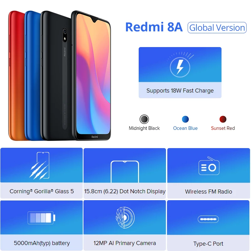 Смартфон Xiaomi Redmi 8A с глобальной версией, 2 Гб, 32 ГБ, 5000 мАч, аккумулятор высокой емкости, дисплей 6,22 дюйма, 12 МП, основная камера AI, зарядка 18 Вт