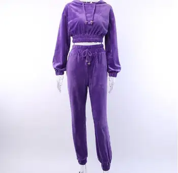 

Flannel 2 Two Piece Set Sport Suit Pink Fleece Crop Top Hoodies Sweat Pants Women Matching Sets Clothing Outfit
