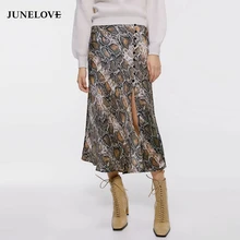 JuneLove Женская юбка со змеиным принтом в винтажном стиле, однобортная Женская юбка-русалка, Повседневная Уличная женская Юбка-миди с разрезом
