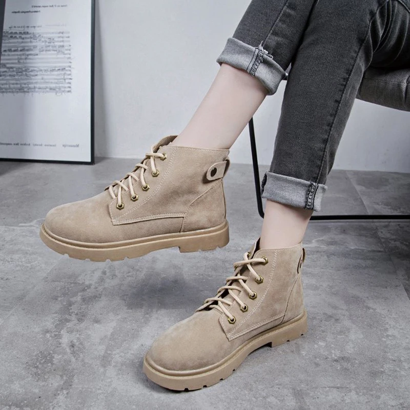 

Flat Platform Ankle Boots Women Shoes Autumn Winter Fashion Round Toe Lace-up Flock Boots Ladies Shoe School Style Riding Shoes