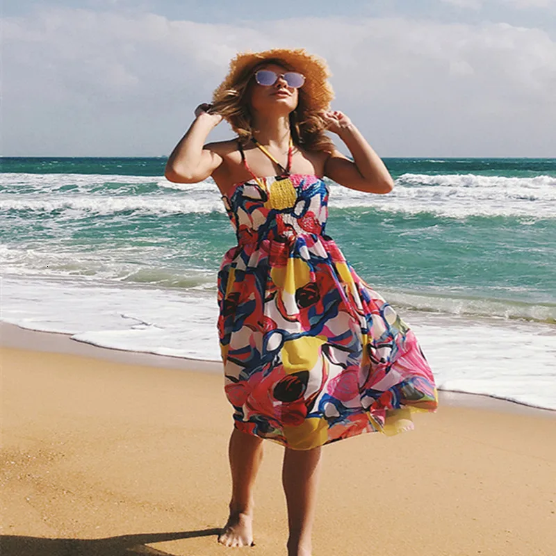 LOSSKY Women Sexy Beach Chiffon Midi Dress Strapless Halter Backless Midi Dress Summer Knee-Length Casual Ladies Fahion Dresses