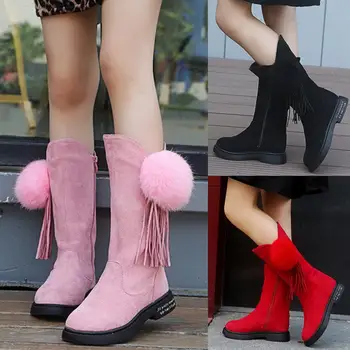 

Winter Kids Boots Girls Shoes Solid Color Tassel Ball Long Boots Children Girls Snow Boots Plush Warm Cotton Shoes School