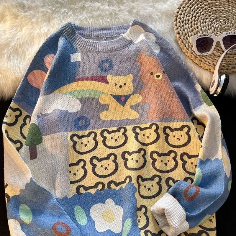 

Vintage Gothic Kawaii Bear Cartoon Print Sweater Women Aesthetic Sweet Girl O-neck Long Sleeve Winter Tops Harajuku Streetwear