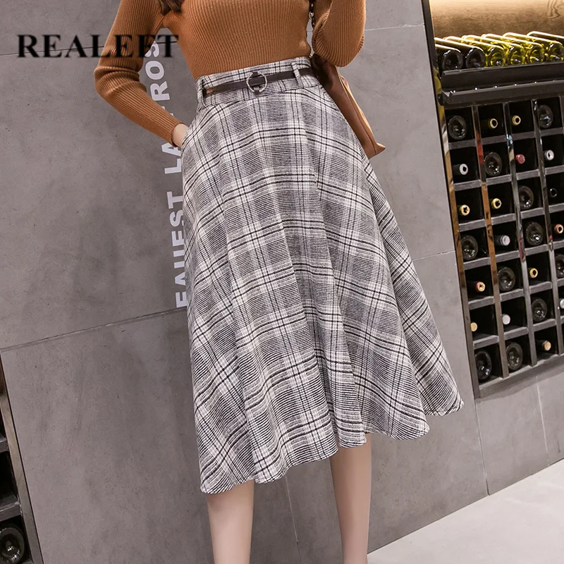 

REALEFT Autumn Winter Women Sashes Vintage Woolen Plaid Midi A-Line Skirts High Waist Knee-Length Skater Skirts with Pocket
