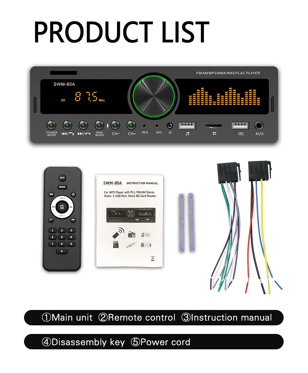 1 DIN Car Stereo MP3 Player FM Radio Bluetooth AUX TF Card U Disk Head Unit In Dash Digital Media Receiver MP3 Player