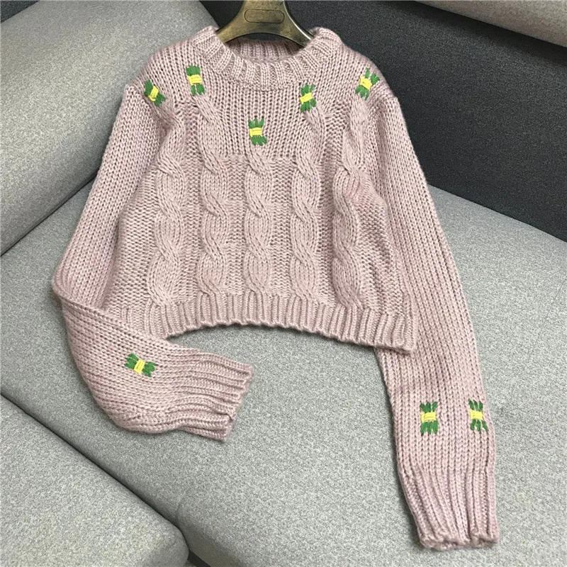 

Luxury Designer Brand Knitted Pullovers for Women Causel O Neck Three Dimensional Flower Embroidery Short Knitted Sweater