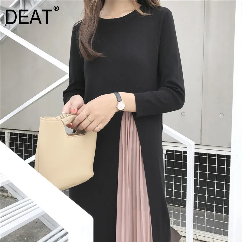 

[DEAT] 2019 Autumn Fashion Trend New Pattern Solid Stitching Irregular Long Fake Two-piece Knit Trumpet Women The Dress AI684