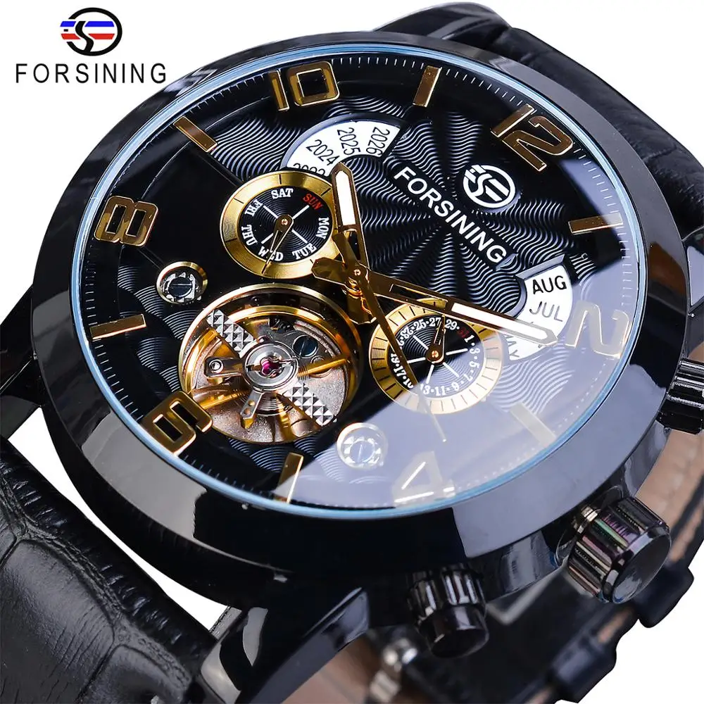 Najtaniej Forsining Tourbillion Fashion Wave czarny złoty zegar Multi ekran funkcyjny męskie automatyczne mechaniczne zegarki Top marka Luxury