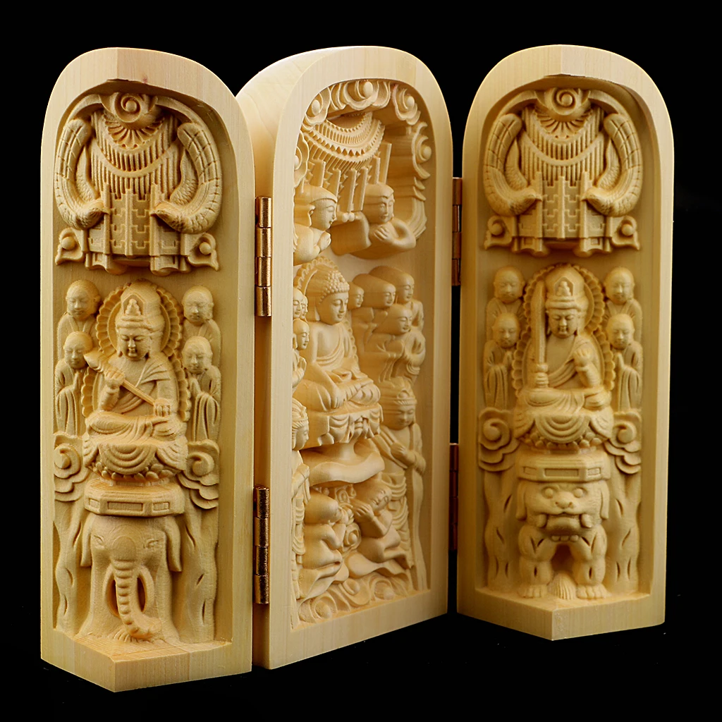 Boxwood Buddha Statue 3 Carved Guanyin Status Wooden for Temple