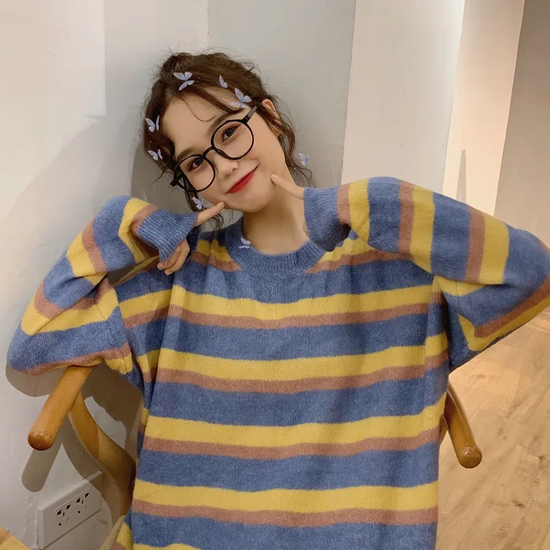 Winter Loose Rainbow Striped Women's Tops Japanese Kawaii Ladies Ulzzang Female Korean Vintage Harajuku Clothes For Women | Женская