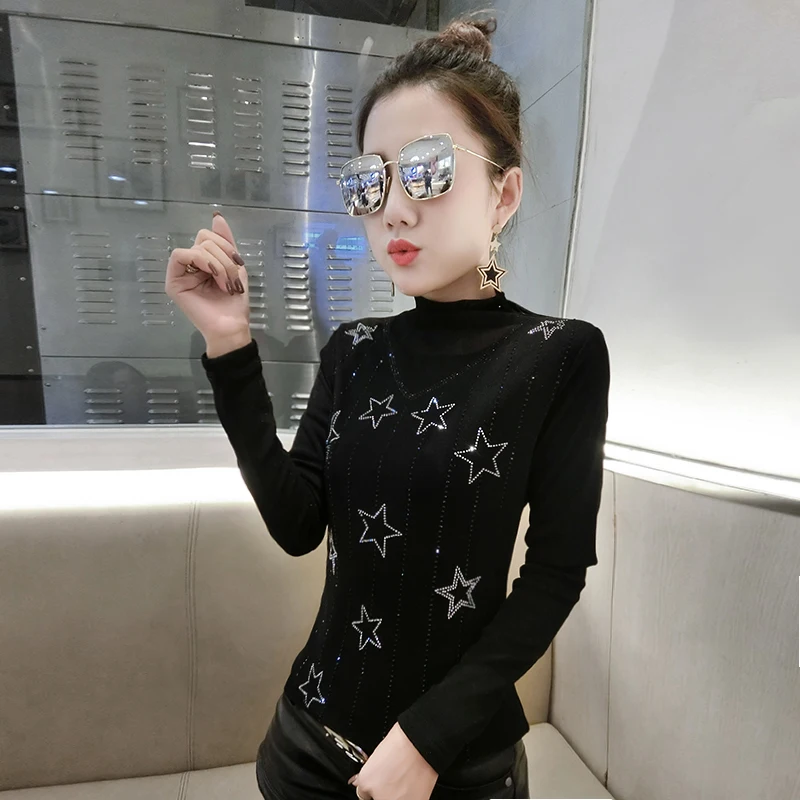 Black no fleece Новинка, осенне-зимний женский пуловер с воротником-хомутом из сетчатой ткани и флиса с бриллиантами, Camiseta Mujer T99801 - Цвет: Black no fleece
