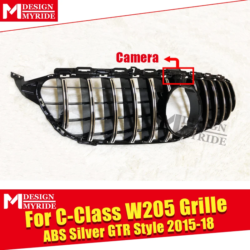  Fit For W205 Front Grille GTS Style with Camera C-Class W205 Sports C180 C200 C250 ABS Silver Sport