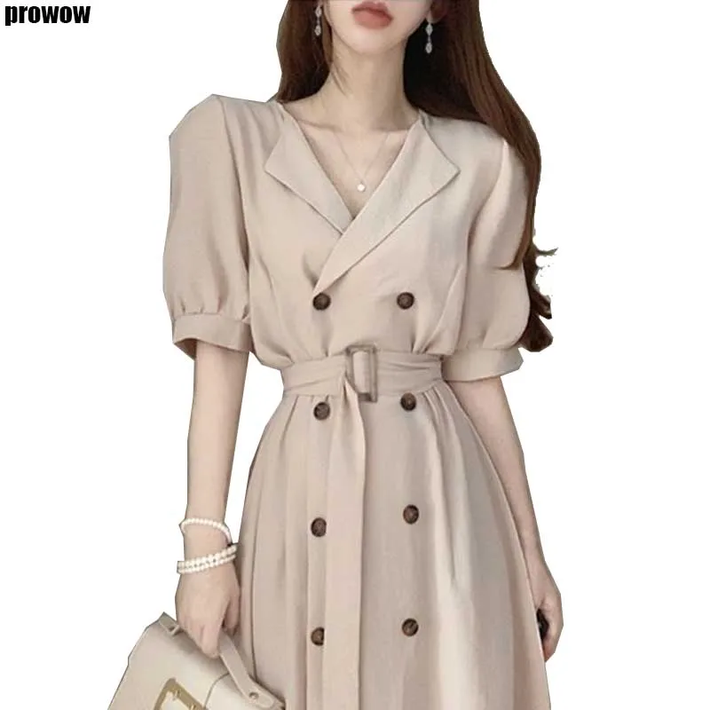 One-Piece Elegant Dress Women 2020 Summer New Fashion Double Breasted Dresses Ladies Korean Short Sleeve Office Dress Vestidos