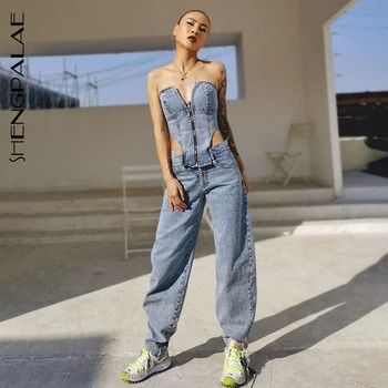 

SHENGPALAE 2020 New Spring Personality Design Loose Jeans High Quality Split Joint Wrap Chest Womab Pants Tide Fashion 5D356