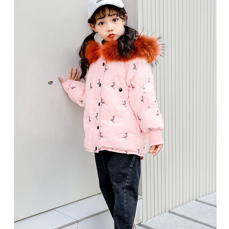 

90% White Duck Down Coat for Girl Top Clothes 2019 Cute Crane Pattern Jacket Zip Clothes Girl Christmas Gift