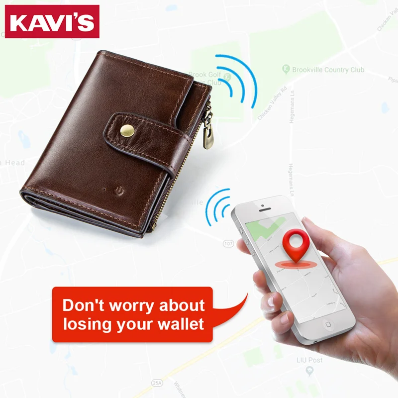 Мужской смарт кошелек KAVIS из натуральной кожи с rfid GPS картой и сигнализацией