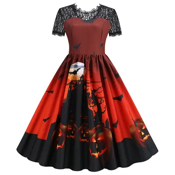 Women Casual Halloween Dress Short Sleeve Lace Evening Party Dresses Vintage Sundress Patchwork Party Dress