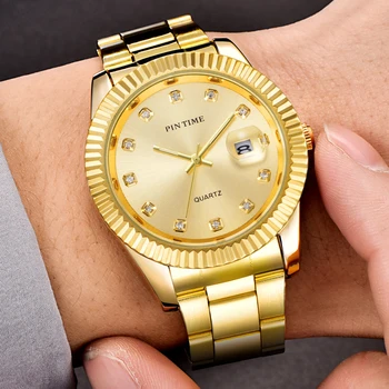 

Free Shipping Men Gold Watch Luxury Datejust Style Diamond Dial Stainless Steel Quartz Movement Cheap Sal Sport Wristwatches