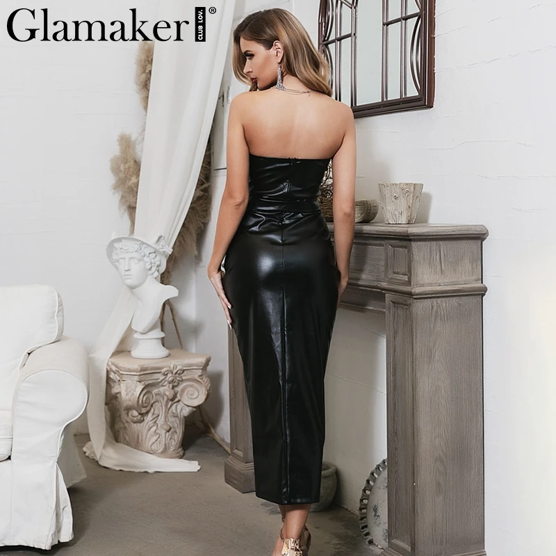 Женское платье миди Glamaker Черное длинное из искусственной кожи без бретелек с