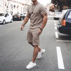 Sweat shirt à manches courtes pour hommes, Simple, mode course, deux pièces sport loisirs, costume, hauts d'été, 2021 
