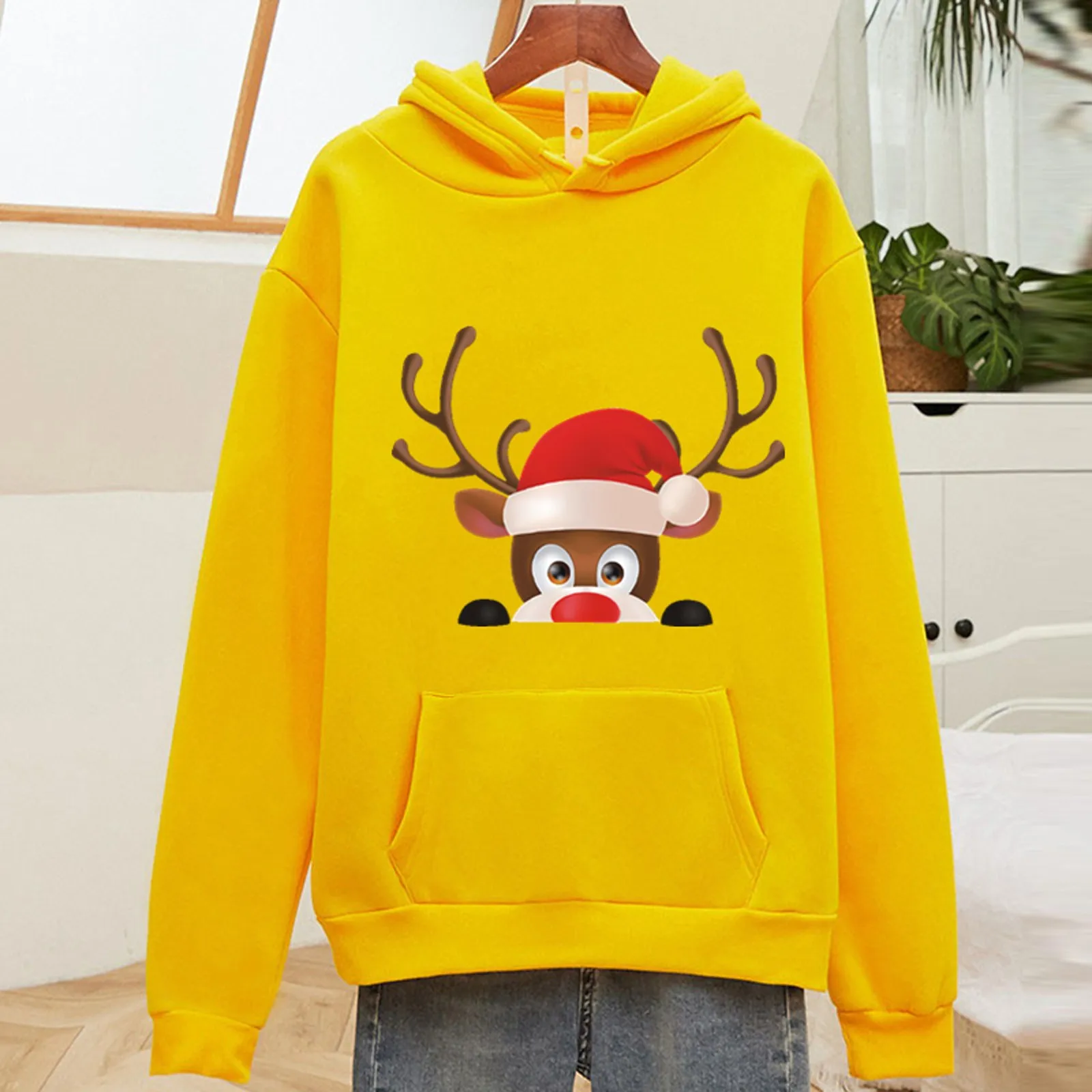 

Women Autumn Winter Warm Long Sleeve Hooded Tops Deer Head Print Hoodie Christmas Sweatshirt Pullover