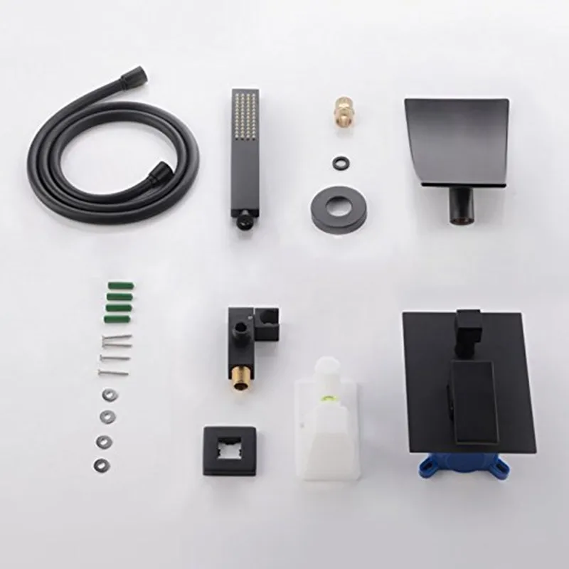 Modern Waterfall Wall-Mount Tub Filler Faucet & Handshower Black 6