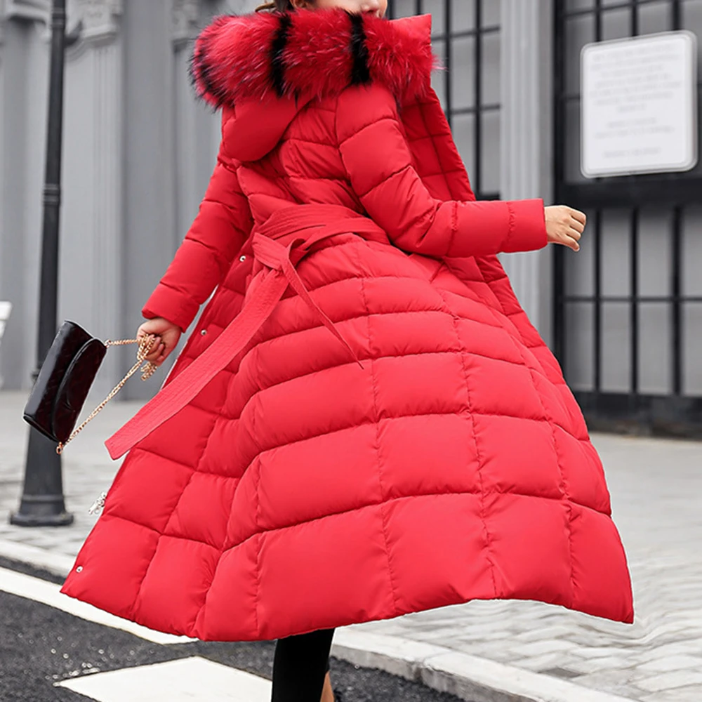 Зимняя женская куртка с капюшоном, женские длинные пальто, парка с поясом, большие размеры,, женская теплая зимняя плотная куртка, пуховик, зимняя верхняя одежда, куртки - Цвет: red