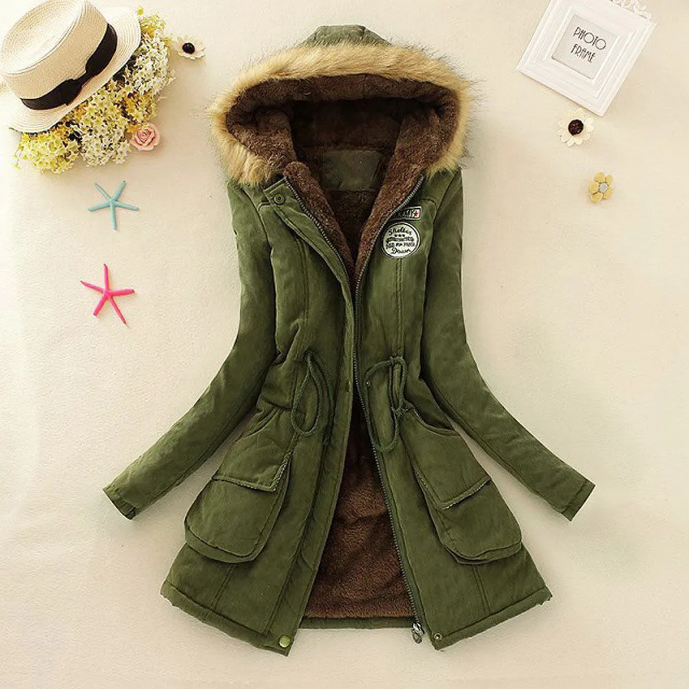 Coat 2019top Women Warm Long Coat Fur Collar Hooded Jacket Winter Parka Outwear