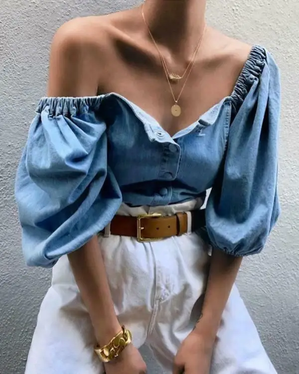 Autumn Sexy buttons denim blouse women Vintage square collar jeans blouses tops Chic elastic puff sleeve autumn female shirts