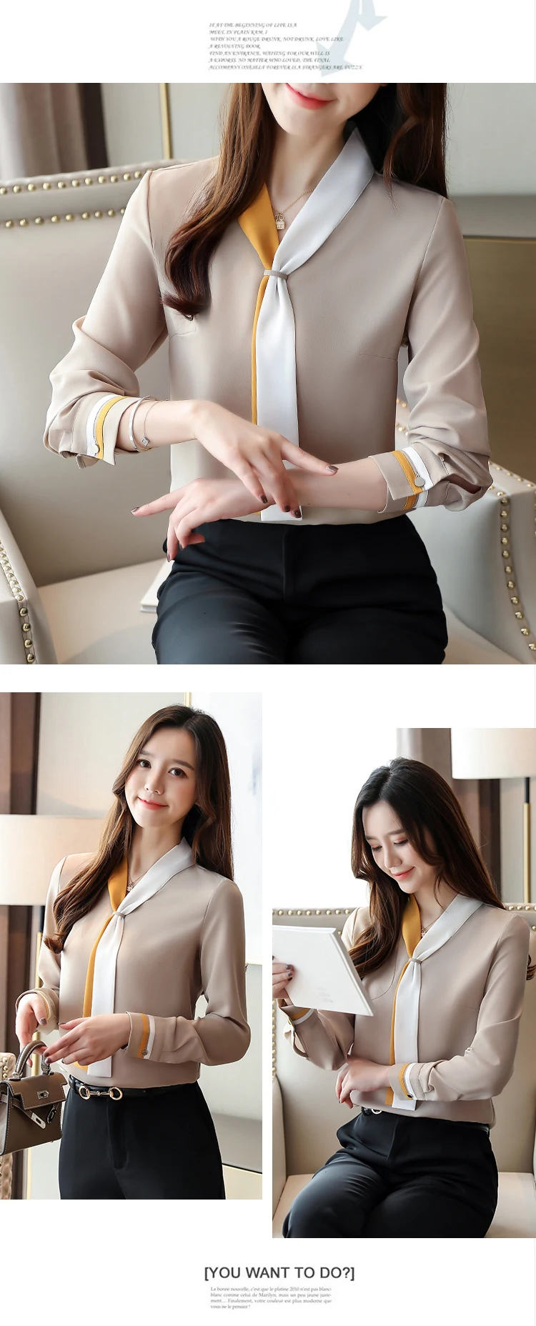 بلوزات شيفون نسائية كلاسيكية بأكمام طويلة ورقبة على شكل حرف V ، بلوزات فضفاضة ، ملابس غير رسمية ، أحادية اللون ، أنيقة ، مكتب ، خريف