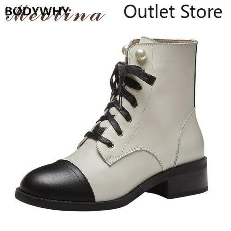 

Women Leather Mid Heel Short Shoes Lace Up Heels Ankle Boots Plus Size