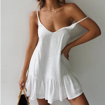 

Summer Women Solid Mini Dress Girls Sleeveless Ruffle Spagheti Strap Beach Dresses Ladies Sexy V-neck Loose Sundress Sling Dress