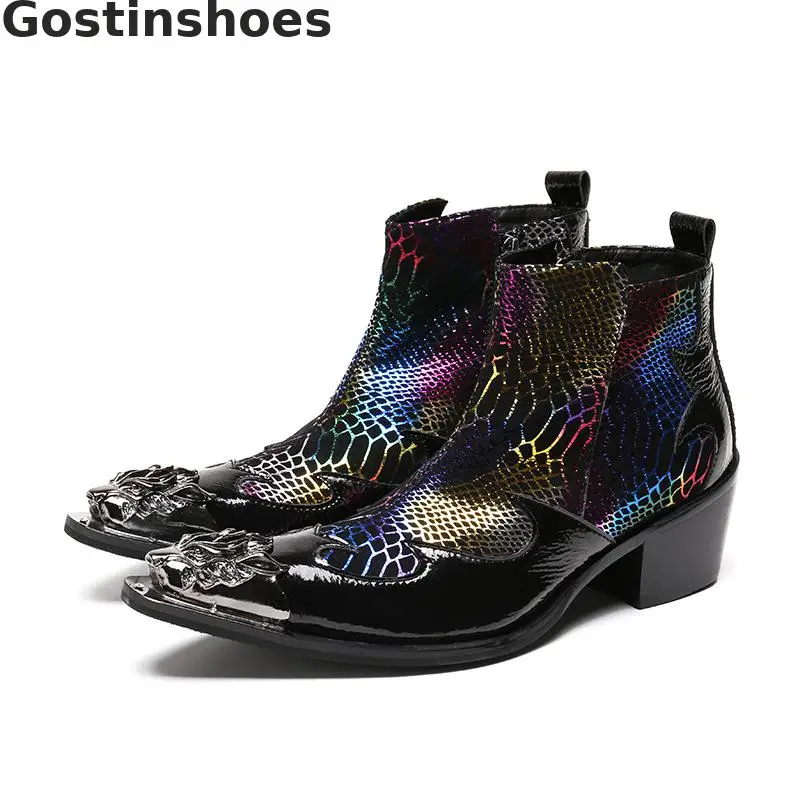 

Luxury Men Boots Genuine Leather Colorful Snakeskin Printed Fashion Men Ankle Boots Zip Pointed Toe Metal Capped Short Boots