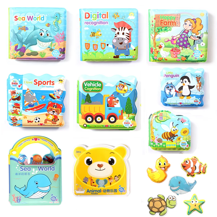Libro de baño de animales de dibujos animados en inglés para Baby Shower, juguete educativo para el baño, con silbato BB, flotación cognitiva para bebés