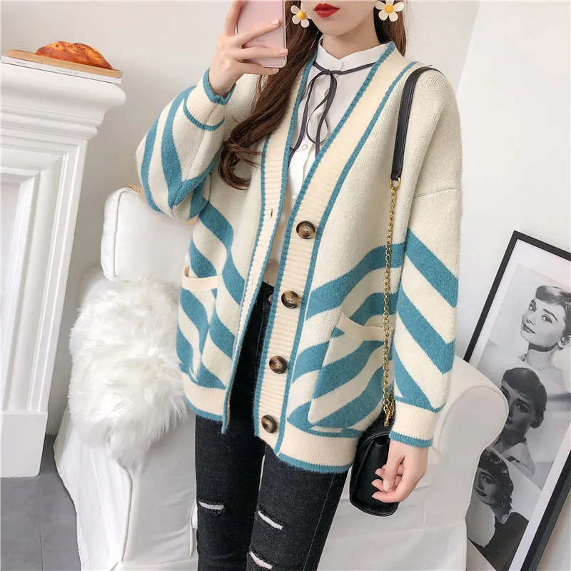 H. SA женский негабаритный свитер кардиганы с длинным рукавом Цветной полосатый розовый вязаный джемпер Свободная куртка пальто зимнее толстое вязаное пальто - Цвет: HF1979 Blue