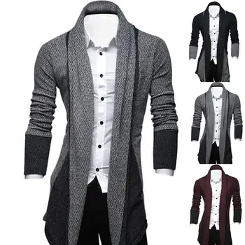 

2020 New Men Long Sleeve Color Block Patchwork Knitted Loose Plus Size Long Coat Cardigan Fashion Long Sweaters For Men