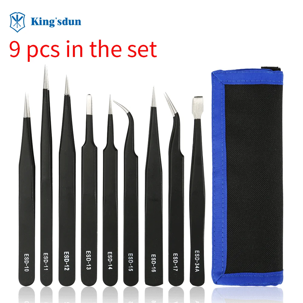 King'sdun Anti-static ESD Stainless Steel Tweezers Maintenance Tools Industrial Precision Curved Straight Tweezers Repair Tools