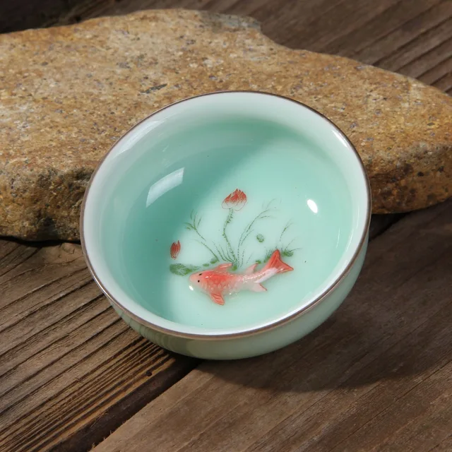 Celadon Small Carp Tea Cup Teaware Ceramic Porcelain Hand-painted Lotus Ceramic Kung Fu Tea Set Tea Cup B03