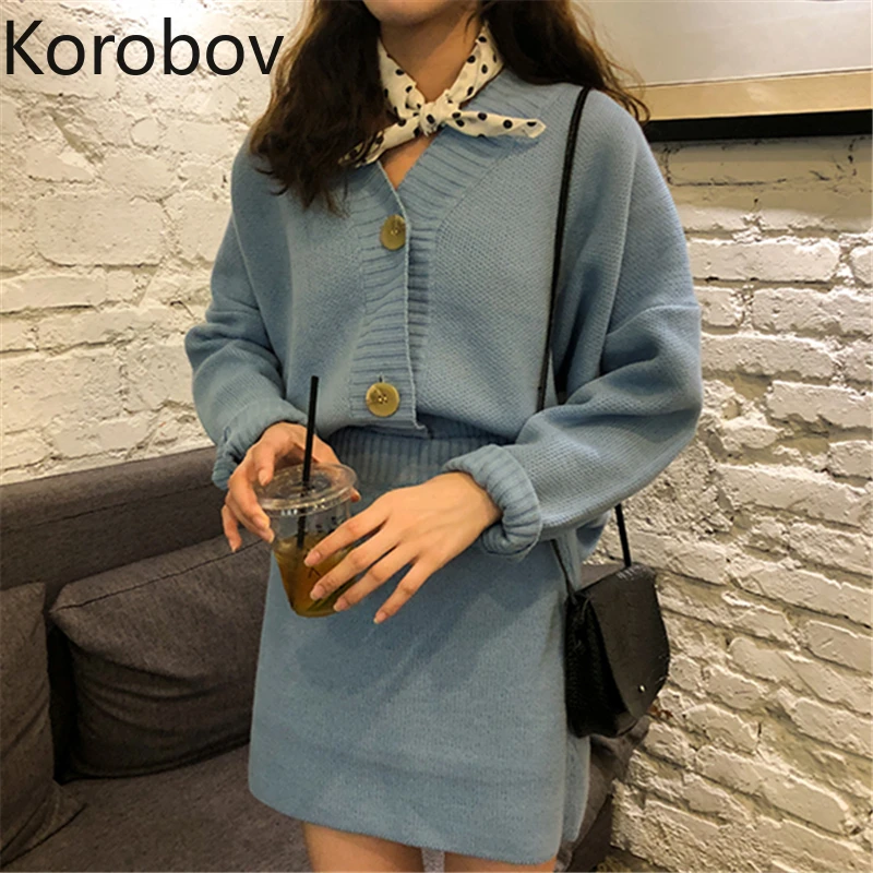 

Korobov Korean New Autumn Winter Sweater Suits Female V Neck Single Breasted Cardigans and Knit Mini Slim Skirts 2 PCS Set 78760