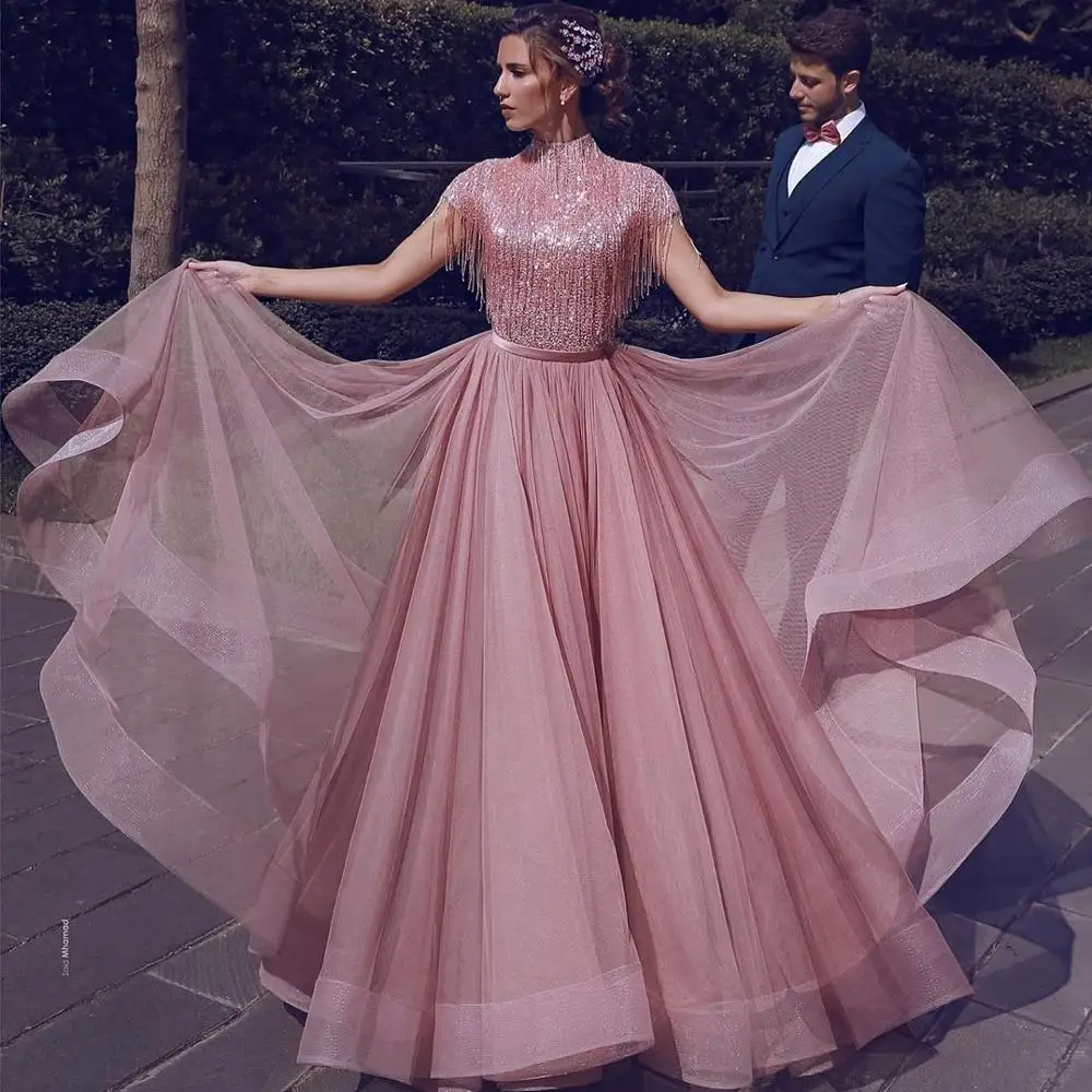 Sequin Prom Dresses Wedding Gown 2021 High Collar Tassel Short A-line Tulle Formal Women Elegant Gowns long evening dress Evening Dresses